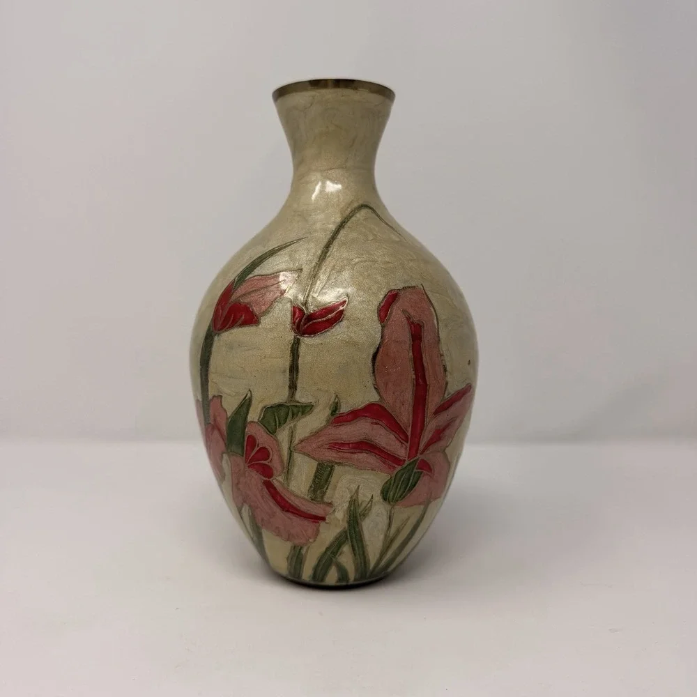 Vintage Brass Enamel Vase Made in India Hand Painted‎ Floral 9.5